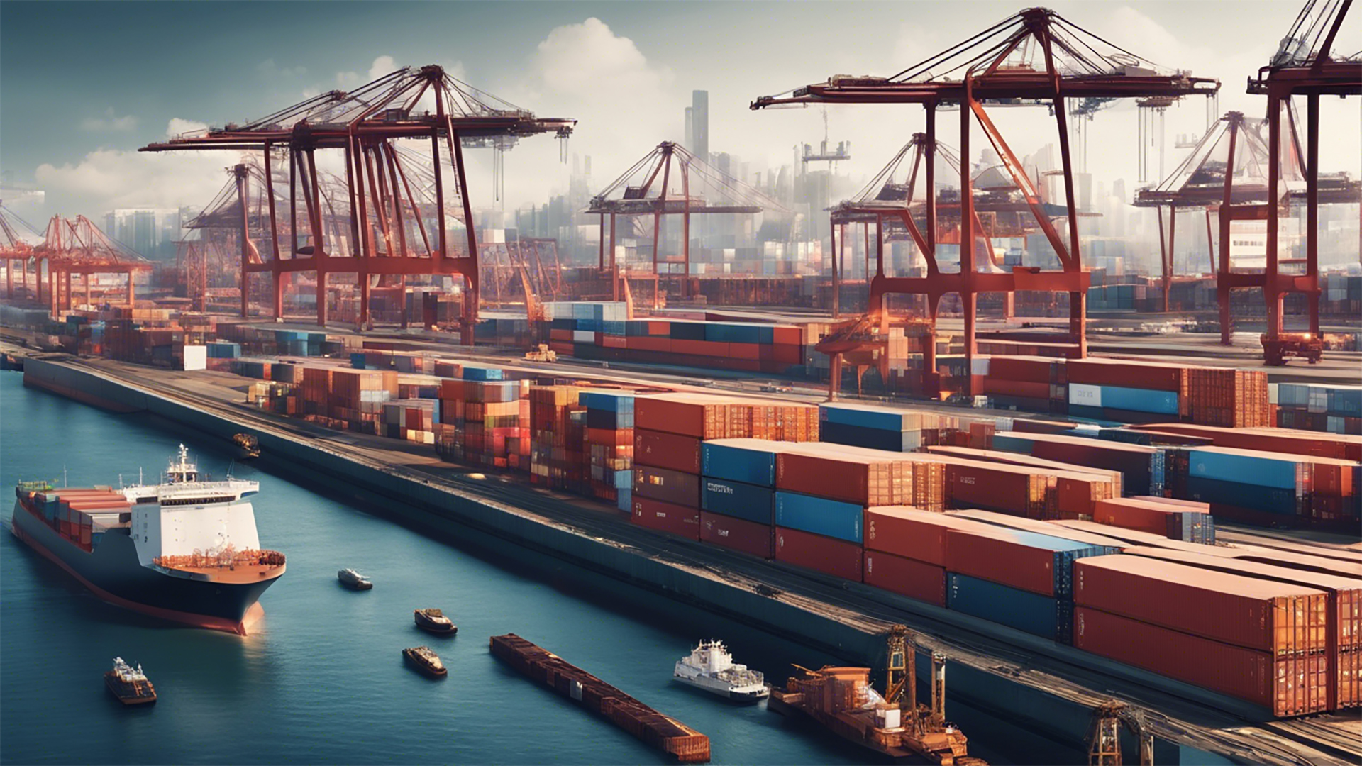 KI-generiertes Bild eines Hafens mit vielen Containern und Kränen