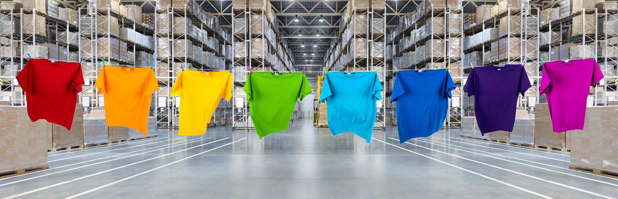 The image symbolises the theme of fashion logistics and shows a line of T-shirts hanging in a warehouse. 