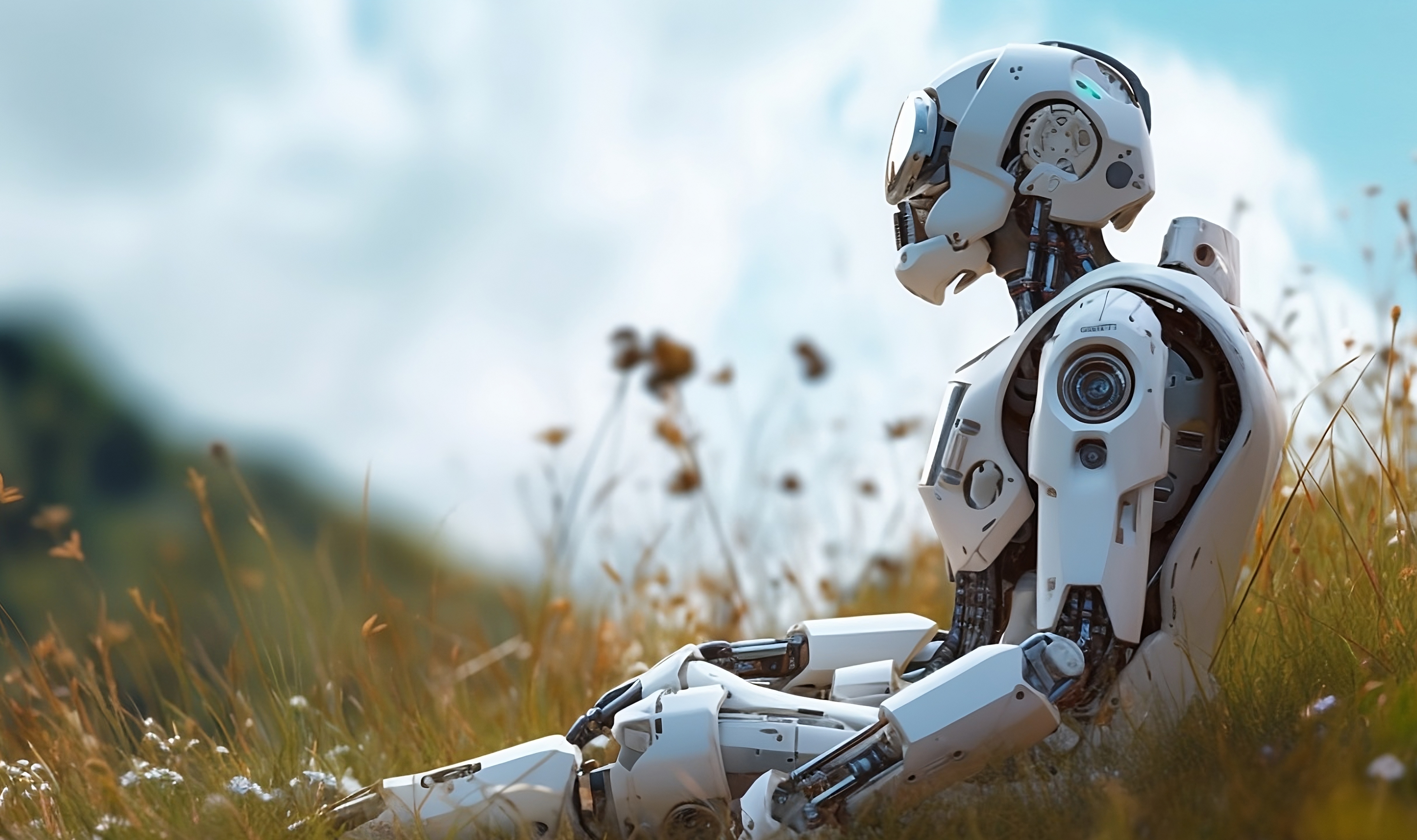 A robot sits in nature and looks towards the sky