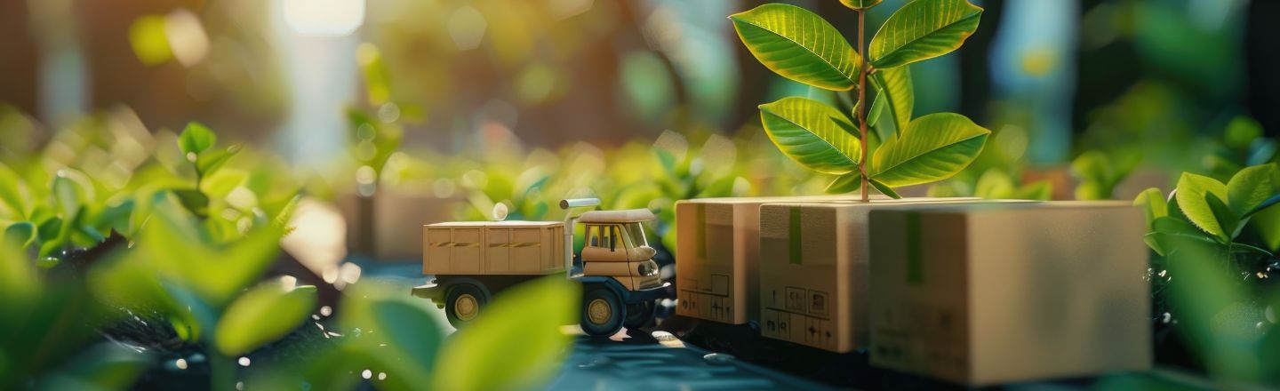 Model of a truck and container in a green environment, symbolizing the connection between sustainability and logistics.