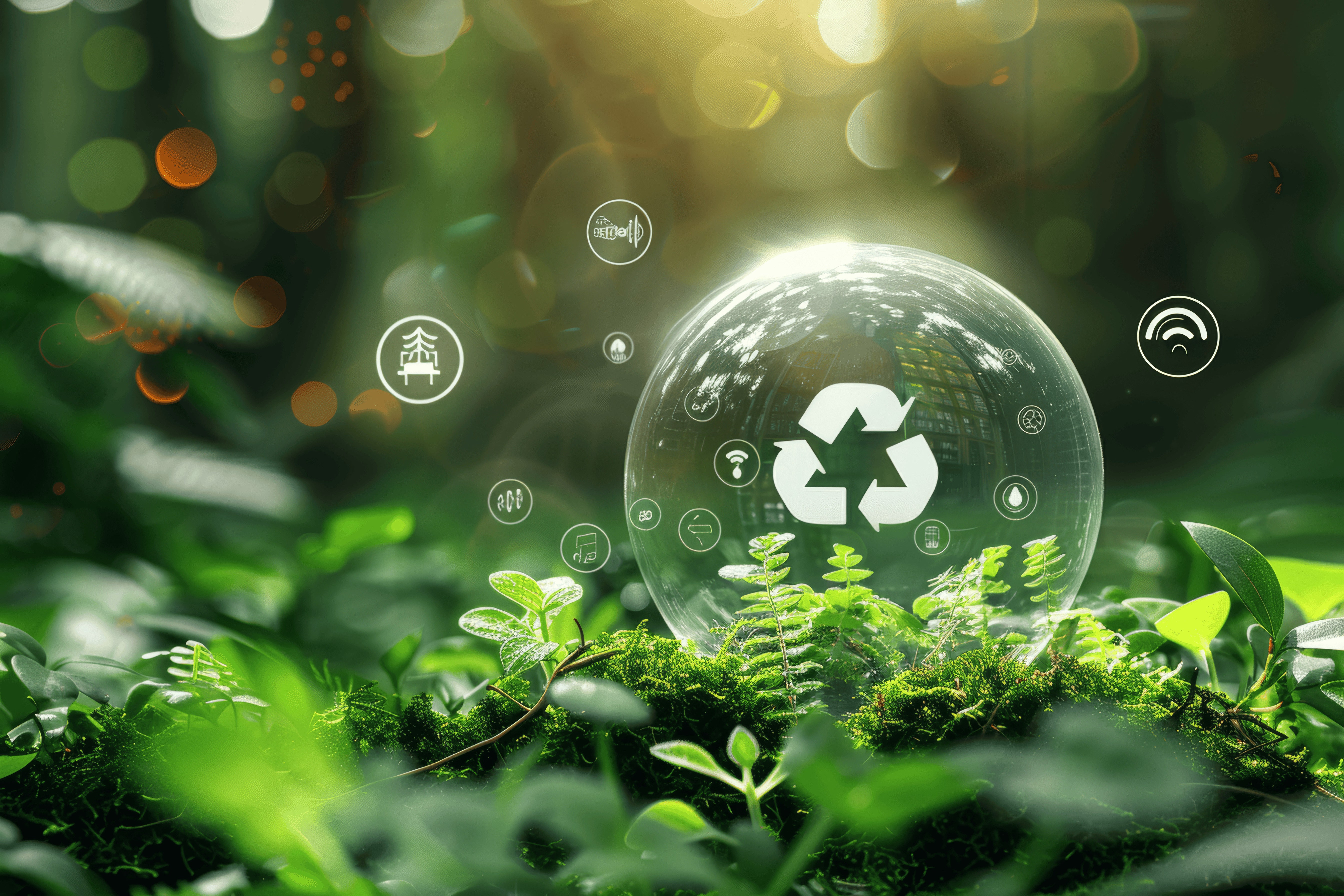 Symbol of sustainability in logistics with recycling symbol in a bubble, surrounded by green nature, inspired by the research approaches of Fraunhofer IML