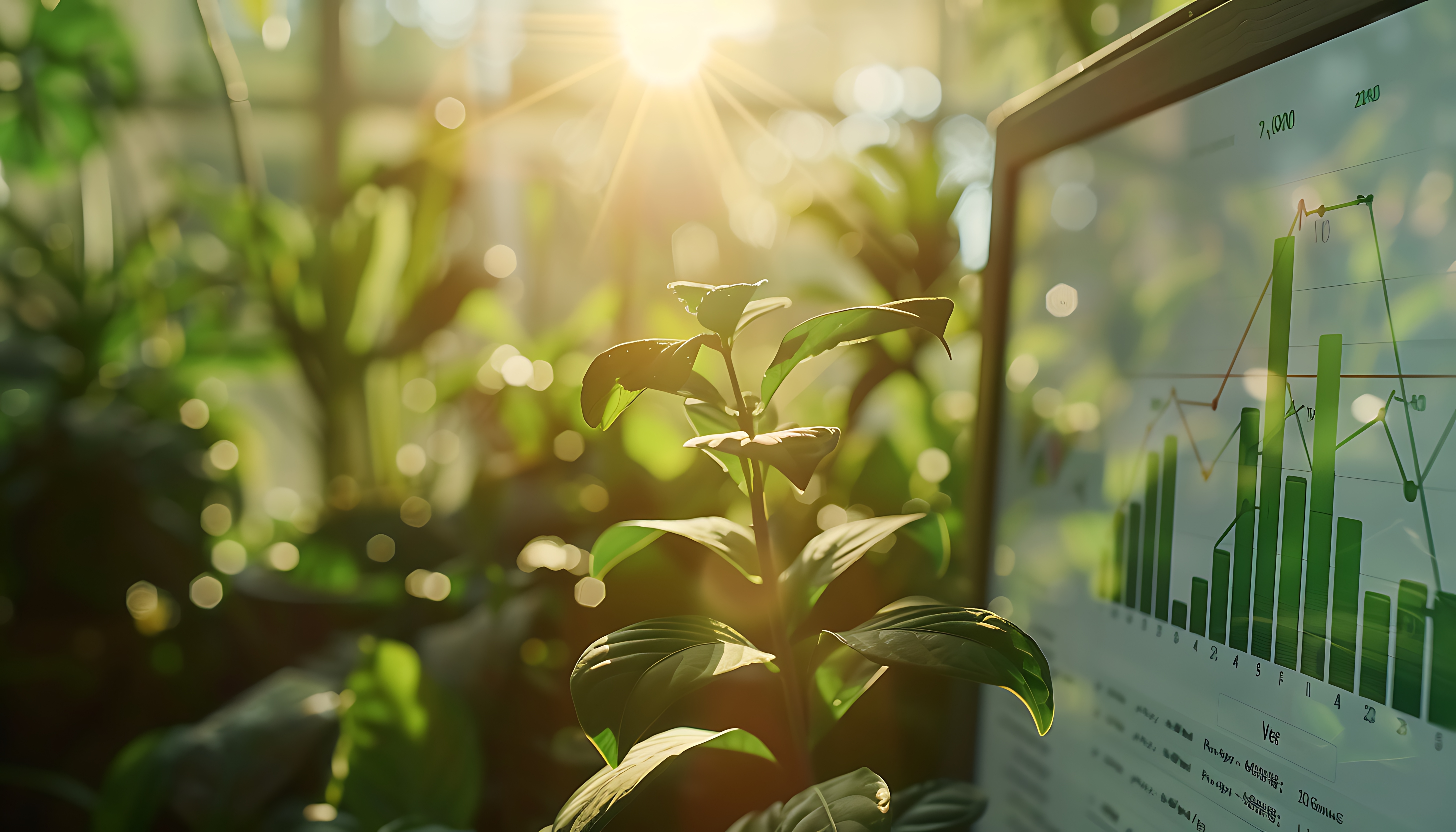 Plant in front of a screen with graphics on sustainability in logistics, symbolizes the innovative power of the Fraunhofer IML in environmentally conscious logistics.