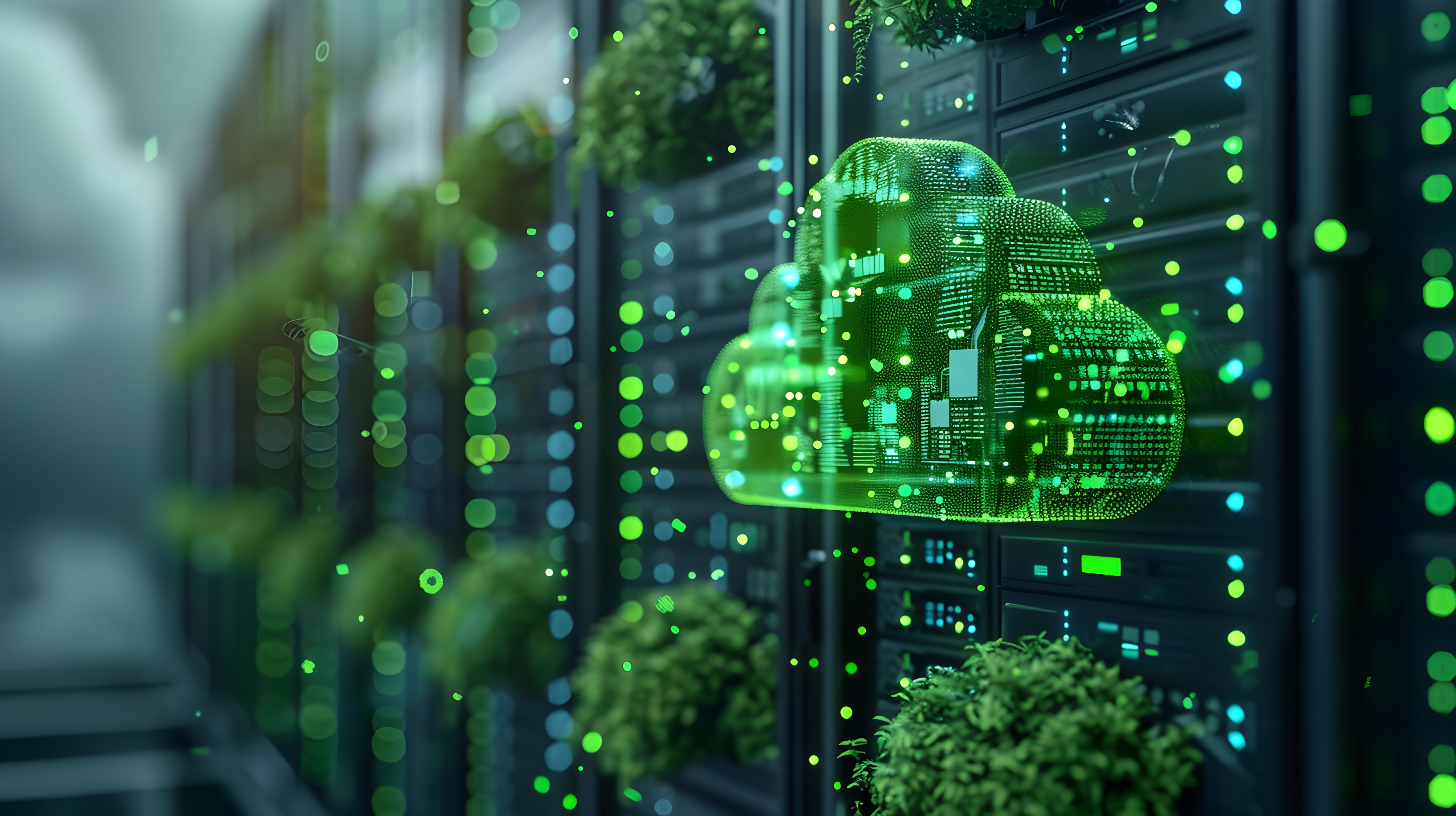 Visualization of sustainable technologies in logistics with a focus on sustainability and logistics, presented by Fraunhofer IML, represented by a green cloud and digital infrastructure.