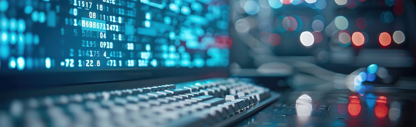 The image shows a close-up of a keyboard in front of a monitor filled with glowing blue data and numbers, while blurred, coloured lights in the background create a technical atmosphere.